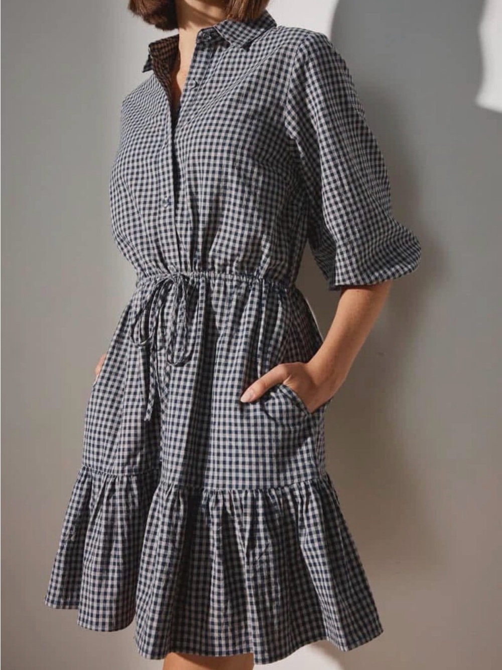 Staple The Label Carla Western Gingham Shirt Dress with ruffle skirt - navy/grey